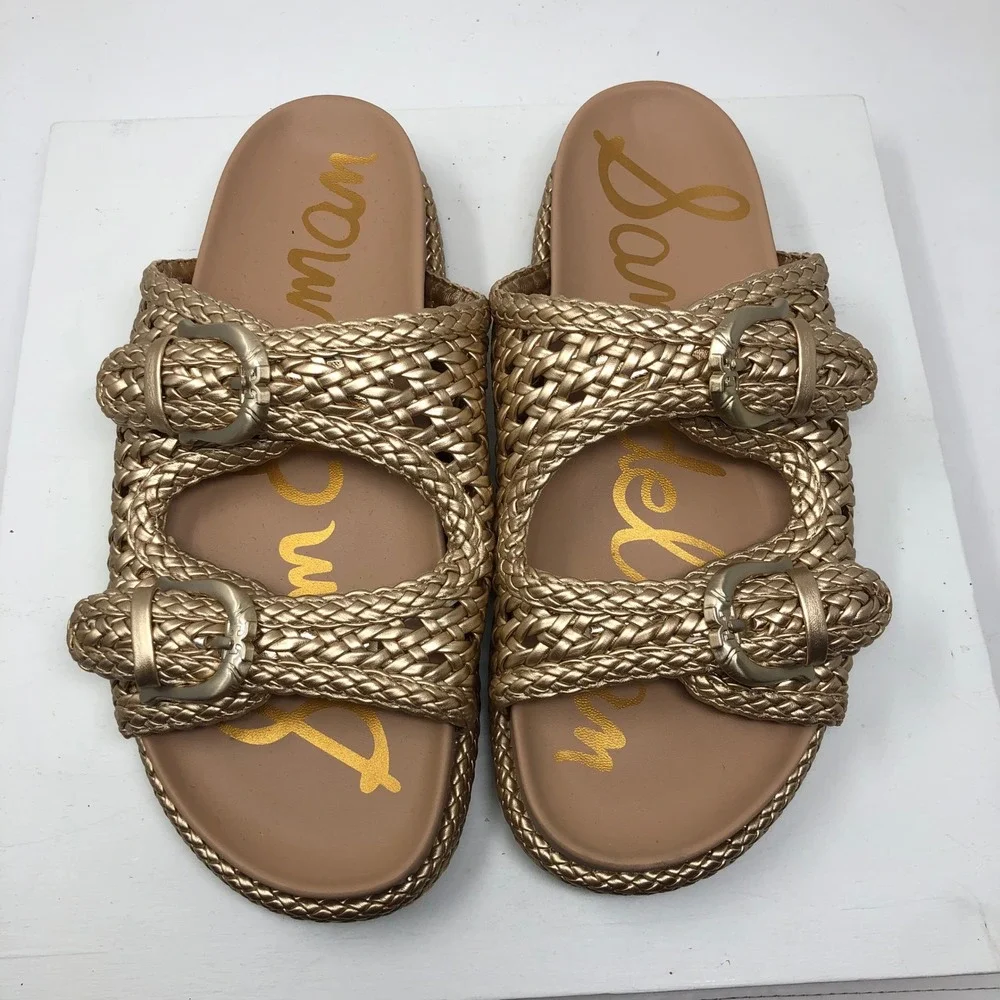 Sam Edelman Reid Slide Sandals Womens 9 Gold Braided Double Buckle Platform